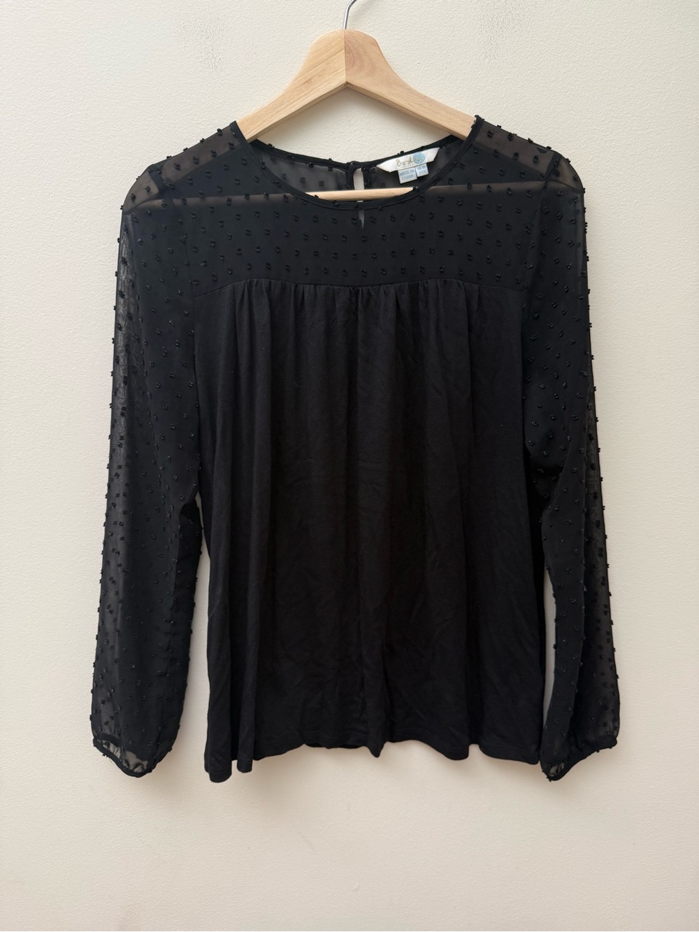 Boden Black Swiss Dot Sheer Yoke Long Sleeve Blouse
